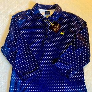 Ladies Peter Millar Navy Polka Dot Masters 3/4 sleeve golf shirt.